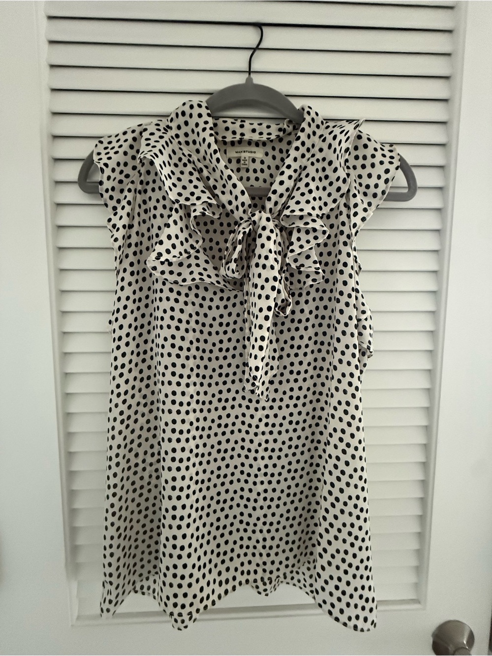 Max Studio Polka Dot Tie-Neck Sleeveless Tank Top - Black/White